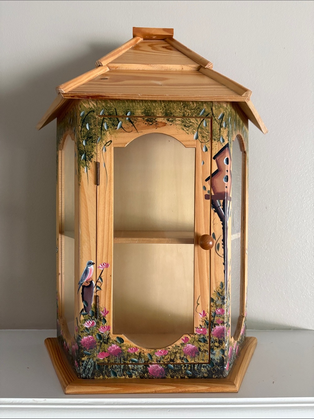 Display 17" Wood Curio Glass Painted Bird Motif